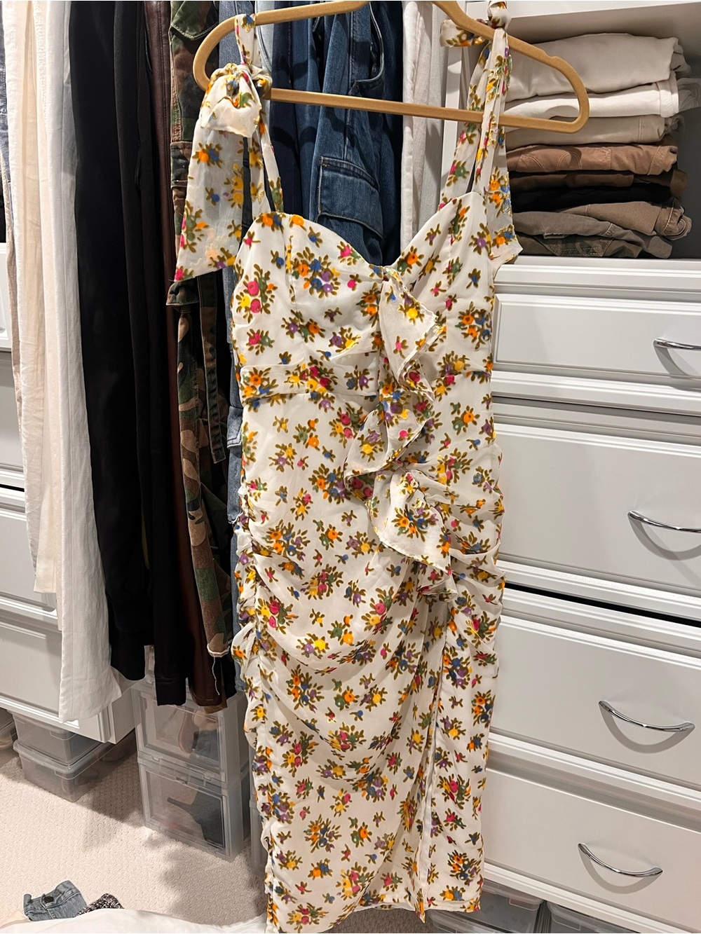 NBD Cream Floral Ruffle Midi Dress with Yellow & Pink Accents